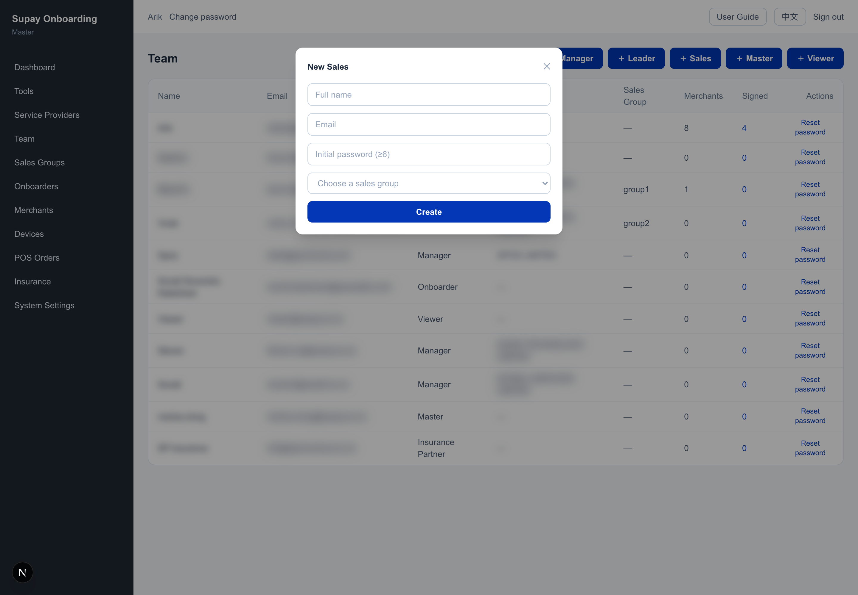 Create account dialog