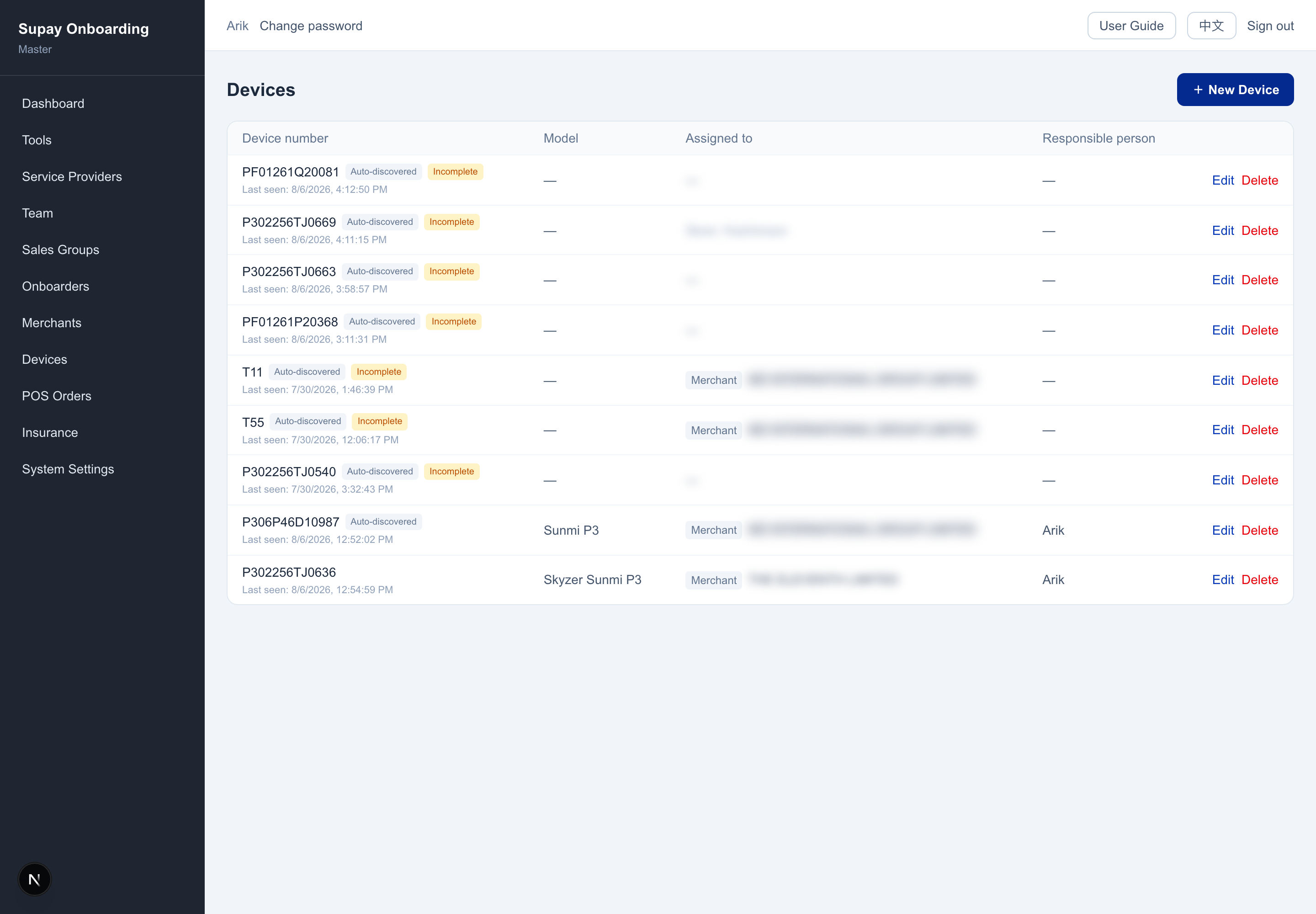 Devices page